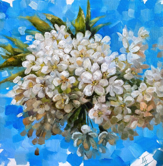 Cherry blossom original oil painting, spring white flowers, floral tree branch. On bright blue sky. Gift for her, mother, sister