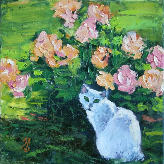 Roses and cat... /  ORIGINAL PAINTING