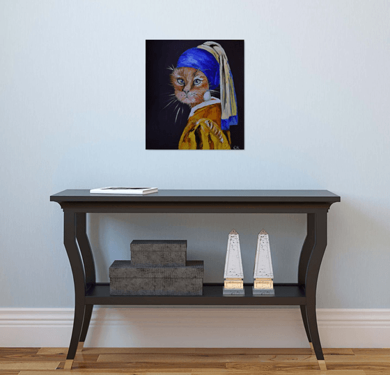 Cat with the pearl earring inspired by Vermeer painting feline art for cat lovers gift idea