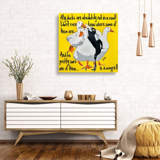Ducks in a row Yellow Magpie 61cm x 61cm