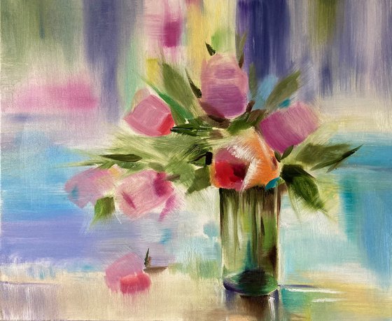 ''Roses in the vases'' ORIGINAL OIL PAINTING ON CANVAS
