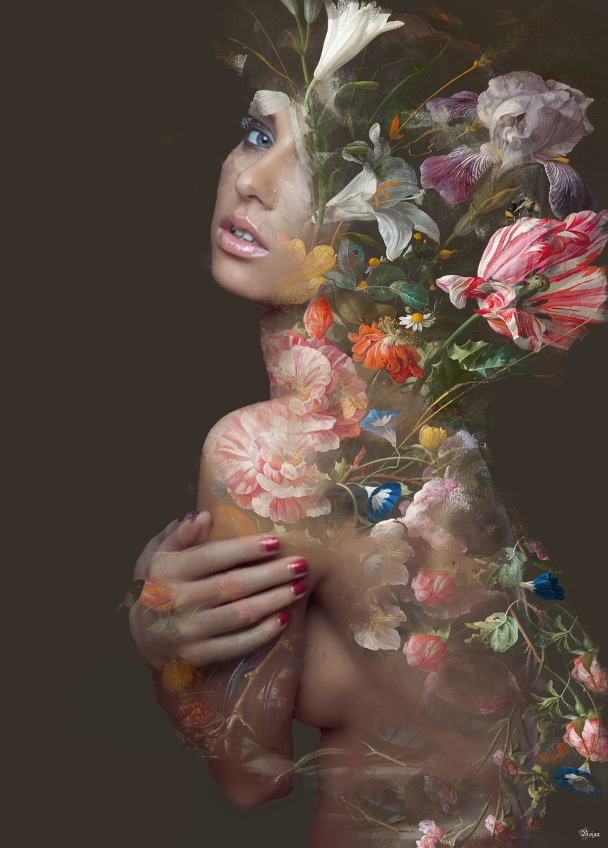 Illustrative Portrait Photograph By Bojan Jevtic, 31 X 43, Hug Of Flowers, Original Artwork