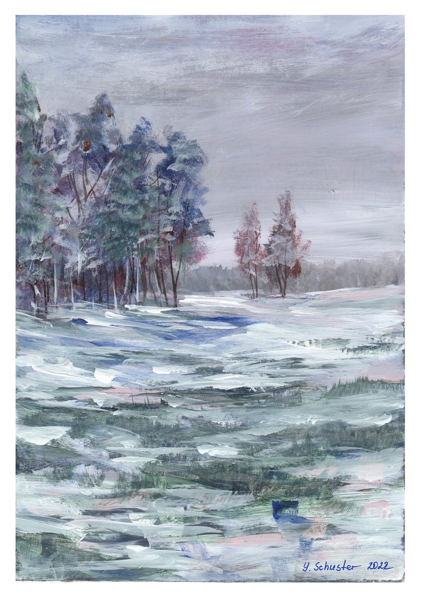 Impressionistic Landscape Acrylic Painting By Yulia Schuster, 8 X 12", Winter Mood, Original Artwork