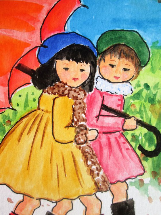 Little girls and an umbrella