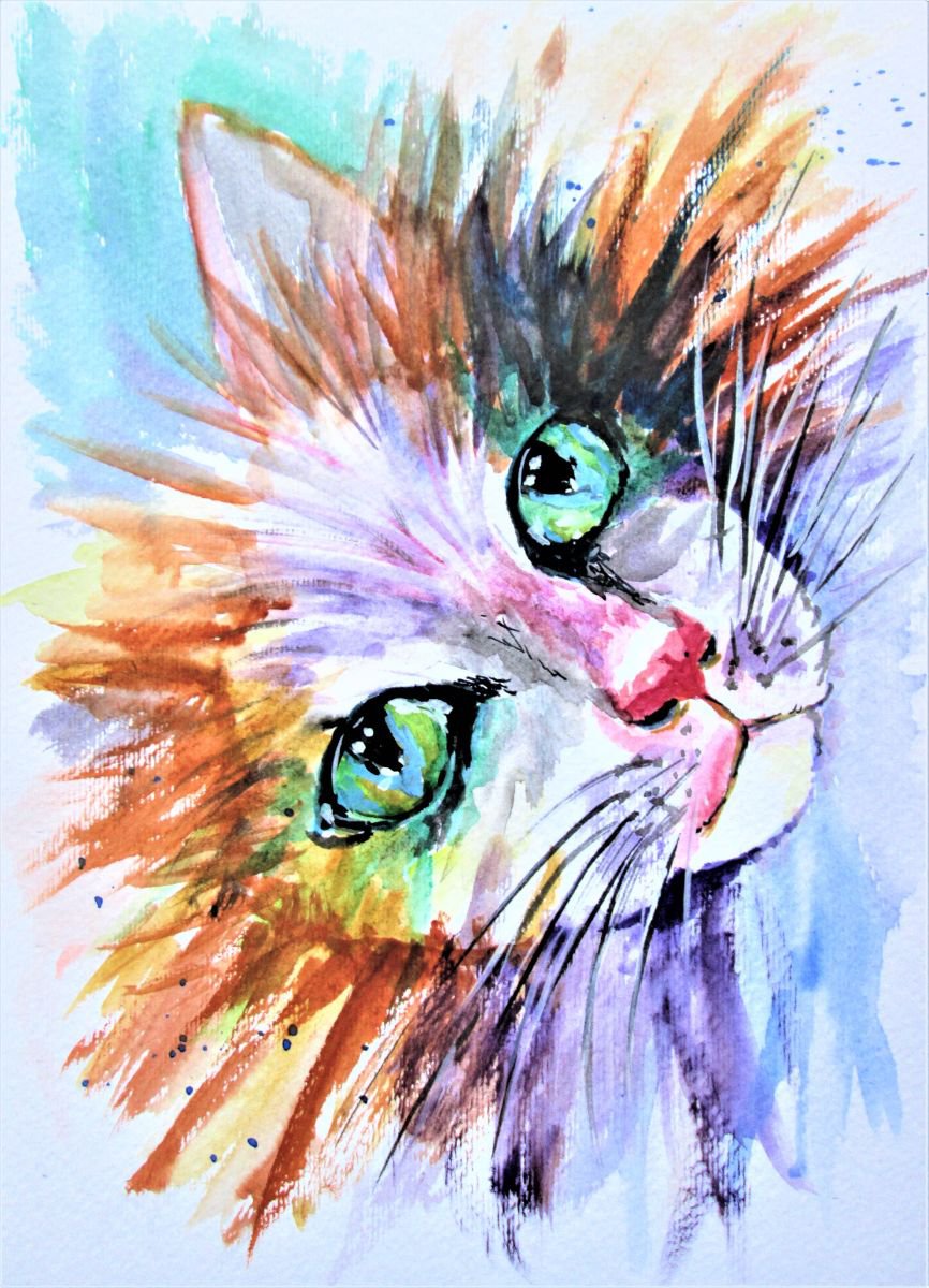 CAT EYES, Cat looking up, watercolour by Marjan