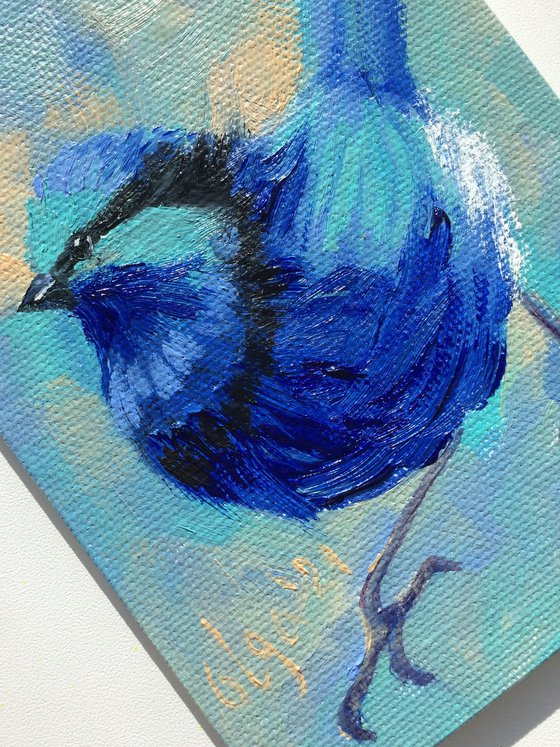 Blue bird n2, miniature original oil painting.