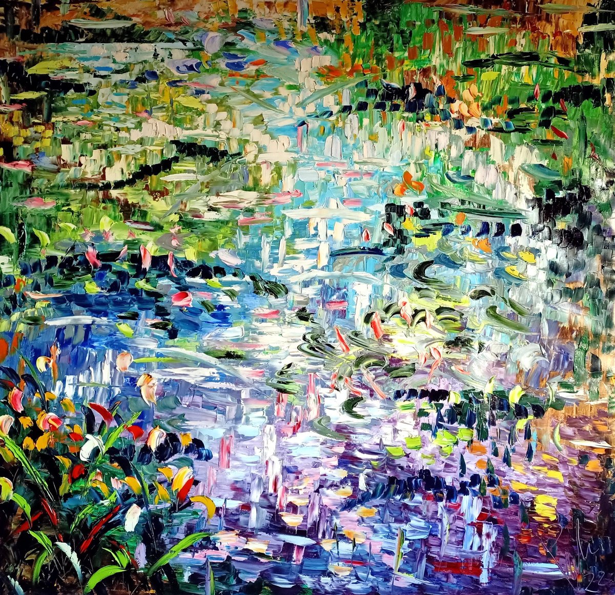 Impressionistic Abstract Oil Painting By Antonino Puliafico, 71 X 67, Anime Riflesse, Original Artwork