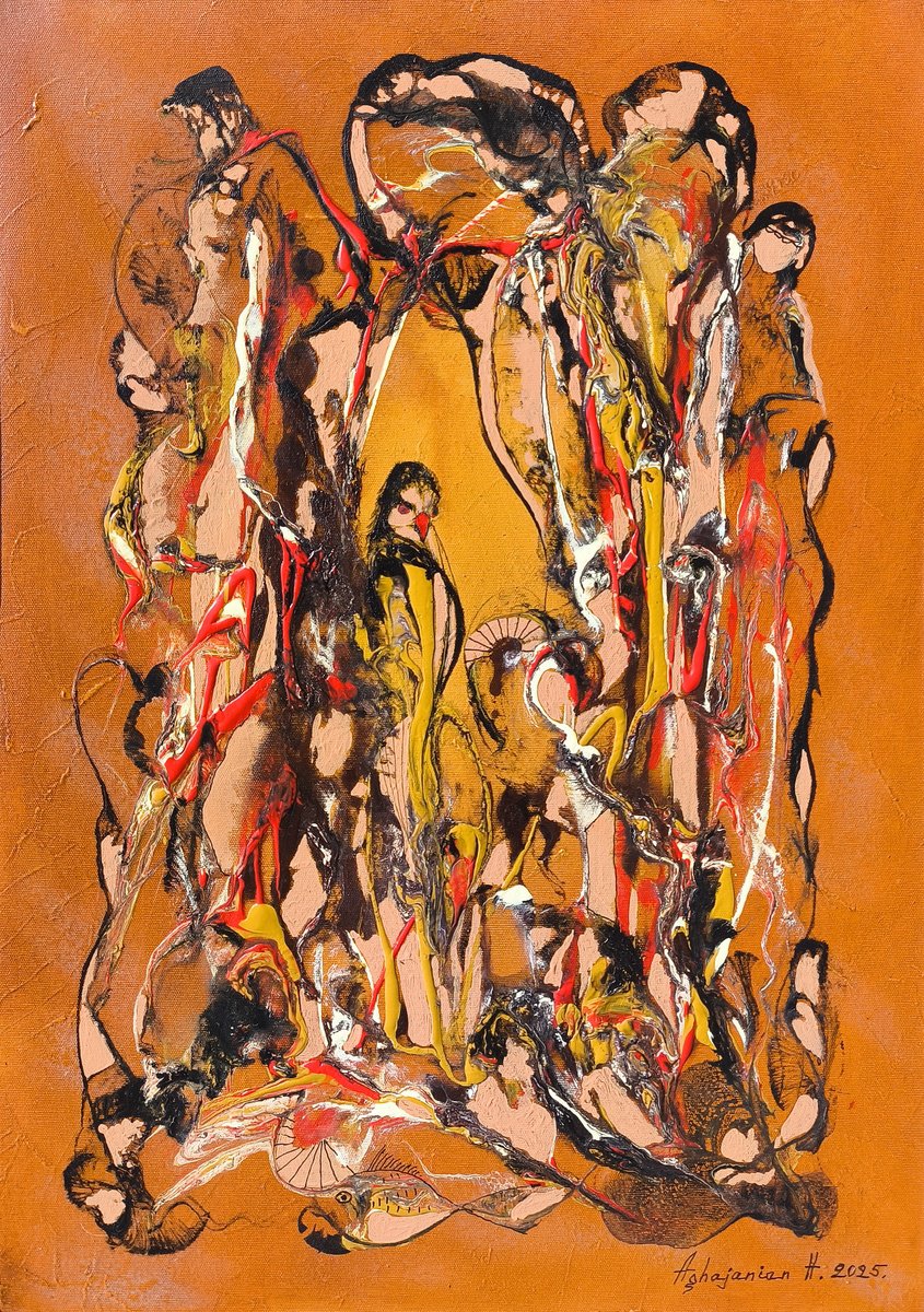 Abstract Portrait Oil Painting By Harutyun Aghajanyan, 16 X 24, Figures Of Fire And Shadow, Original Artwork