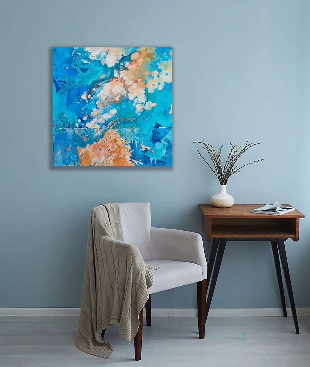Abstract Landscape Oil Painting By Natalia Yampolskaia, 24 X 24", Sea. Spilled Sky 2, Original Artwork