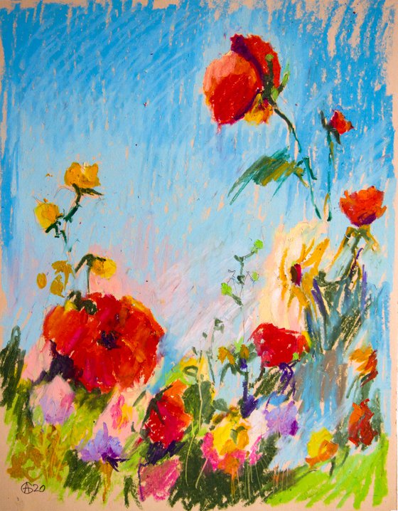 Summer field. Home isolation series. Oil pastel painting. Small original impression flowers, colors, interior gift decor provence