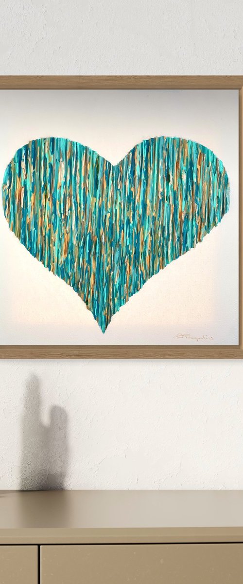 Bright Love - Teal & Golden - Champagne floating frame by Daniela Pasqualini