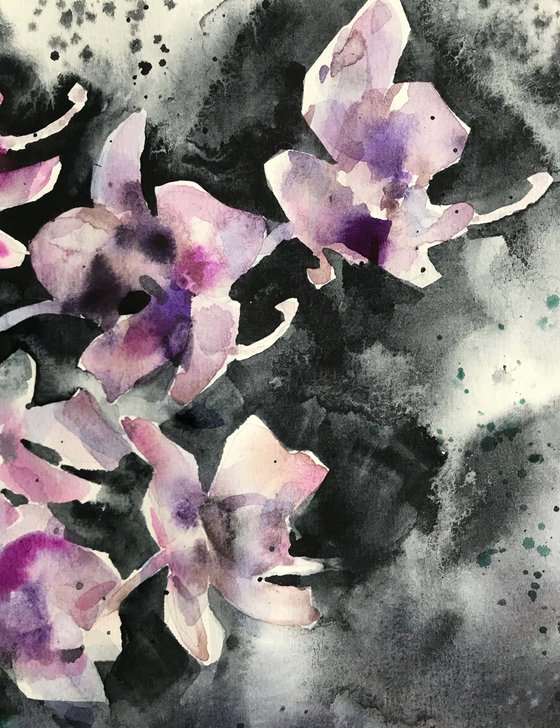 Lilac butterflies. Orchid. one of a kind, original painting.