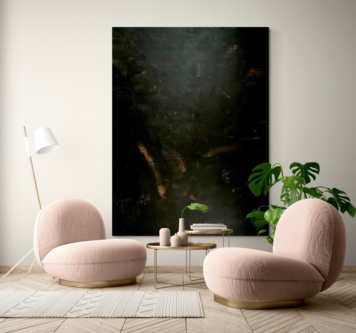 Abstraction No. 522 extra large black monochrome minimalism with copperXXL by Anita Kaufmann