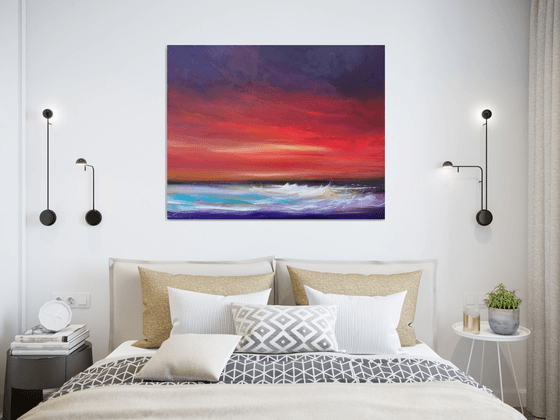 Day's End - Sunset, Seascape, Red, Skies - XL, Modern Art Office Decor Home