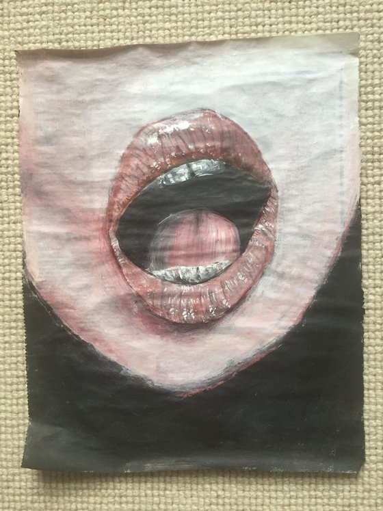Lips Study II Pink Lips Mouth Open Woman Face Portrait Original Artwork Realistic Lips Black and White Art For Sale Buy Art Now Free Delivery 37x29cm Newspaper Painting