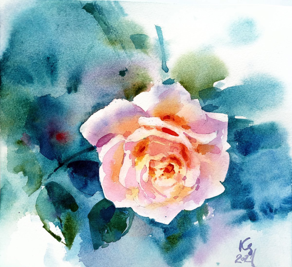 Impressionistic Botanical Watercolour By Ksenia Selianko, 9 X 8", "Scent Of Rose", Original Artwork