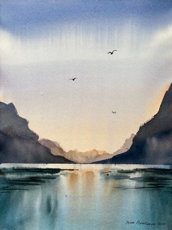 Sunset on the rocky shore original watercolor artwork, blue colors, cold water, medium size decor for  loft interior