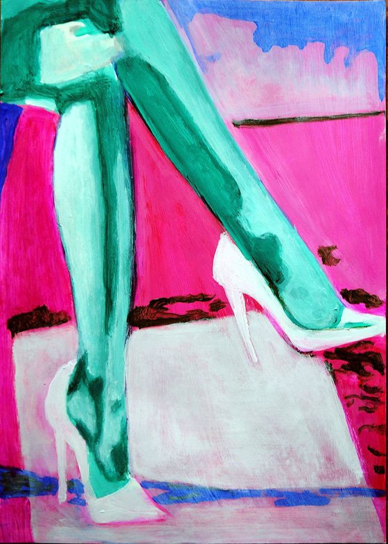 Women's legs in turquoise tights / 33 X 23.3 cm