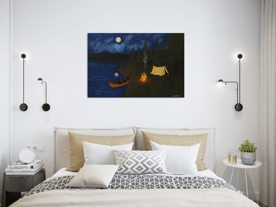 Under the Moonlight - nightscape campfire painting; home, office decor; gift ideas