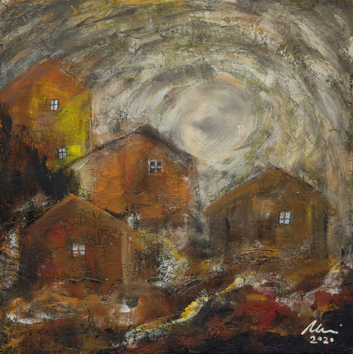 Geometric Cityscapes Acrylic Painting By Peter Zelei, 16 X 16", Foggy Village Sunrise, Original Artwork