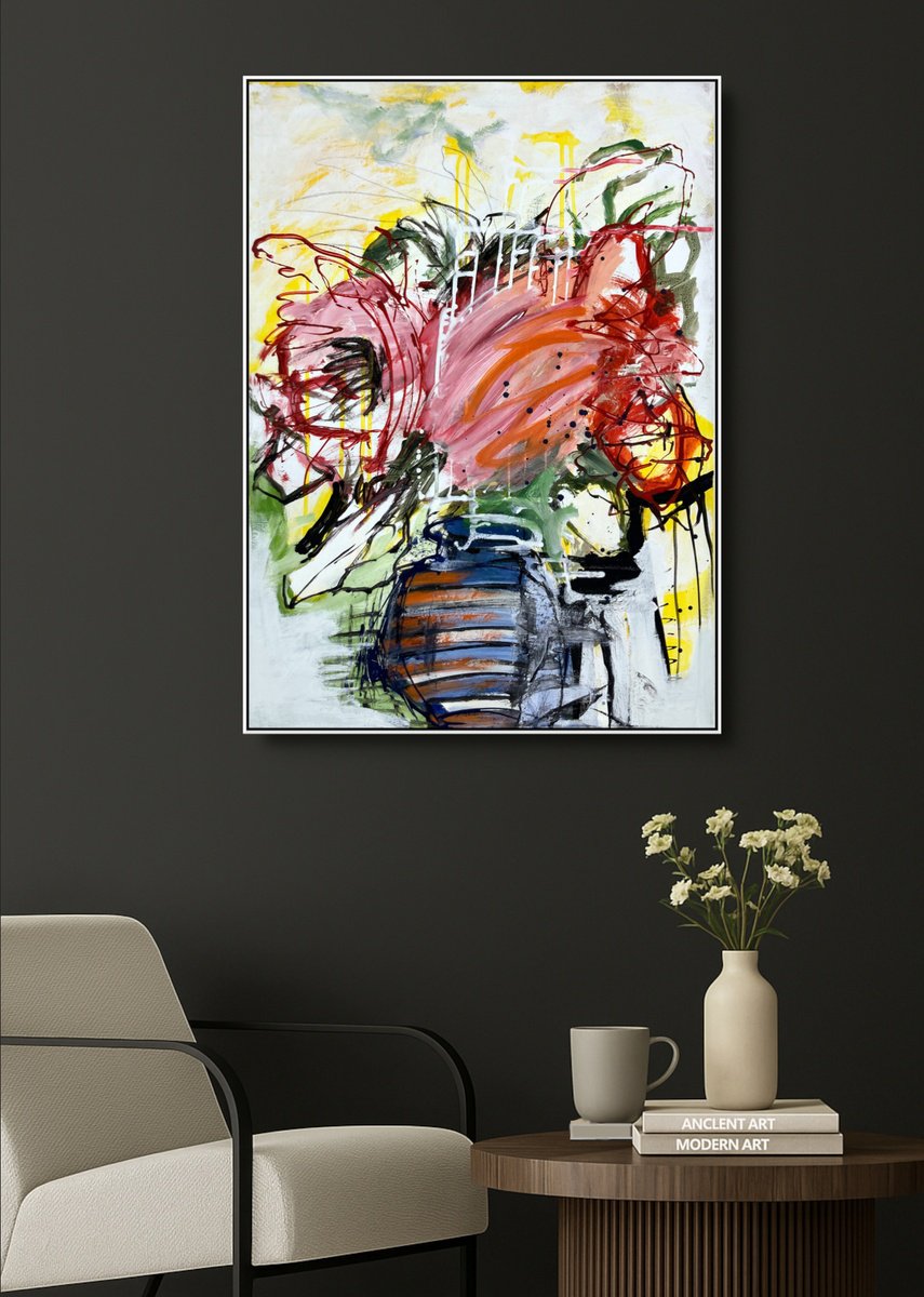 Abstract Acrylic Painting By Jutta Rika Bressem, 20 X 28", Still Life 16, Original Artwork