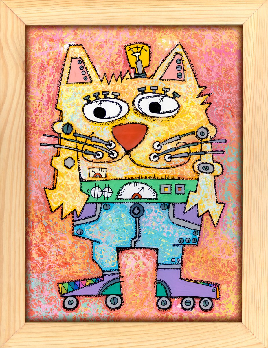 Animal Acrylic Painting By Nikita Ostapenco, 12 X 16", Robocat, Original Artwork