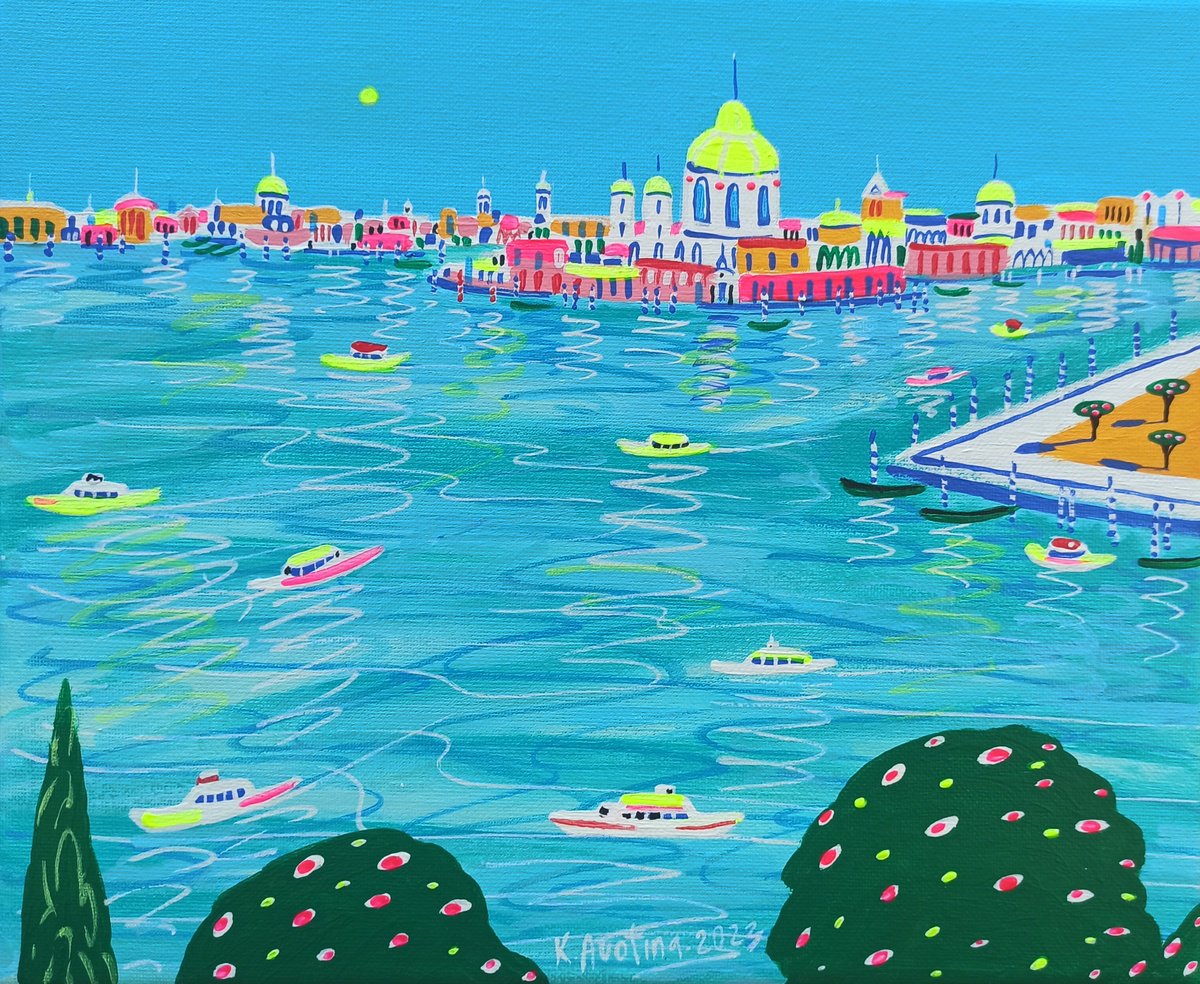 Impressionistic Landscape Acrylic Painting By Katrina Avotina, 12 X 10", Venetian Sunlight Dreams, Original Artwork