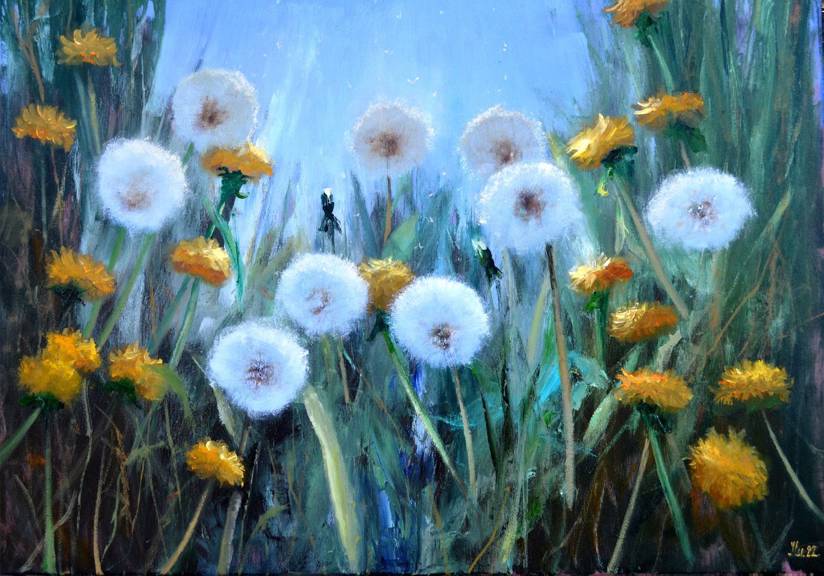 Impressionistic Botanical Oil Painting By Elena Lukina, 28 X 20, Sunny Dandelions, Original Artwork