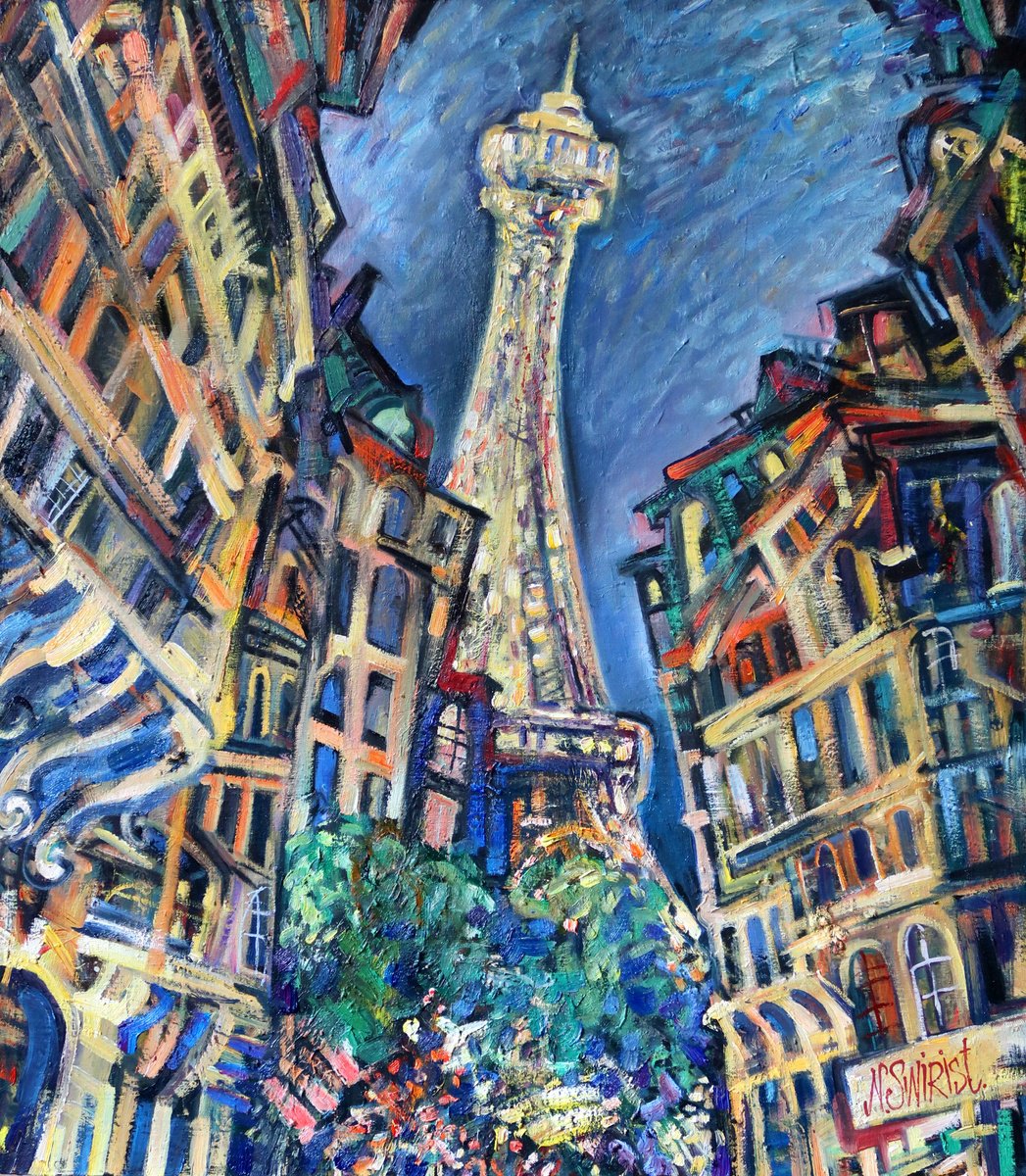 Impressionistic Cityscapes Oil Painting By Nikifor Swiristuhin, 29 X 33", Evening, Street, Tower., Original Artwork
