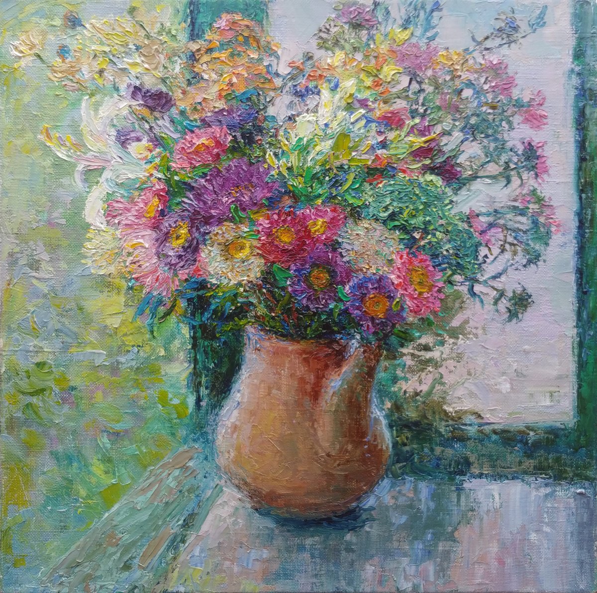 Impressionistic Botanical Oil Painting By Svitlana Koval, 14 X 14", Autumn In A Jug., Original Artwork