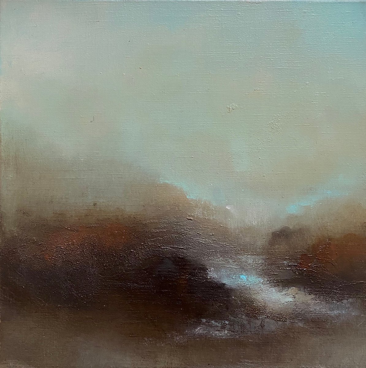 At the intersection of realities 30x30 cm - gold particles original oil painting landscap... by Elena Troyanskaya