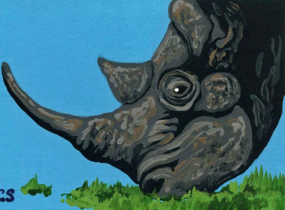 ACEO ATC Original Painting Rhinoceros Wildlife  Art-Carla Smale