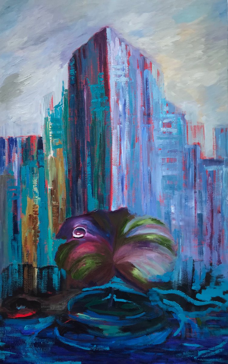Surrealistic Cityscapes Oil Painting By Geeta Yerra, 37 X 59, Precious And Precarious, Original Artwork