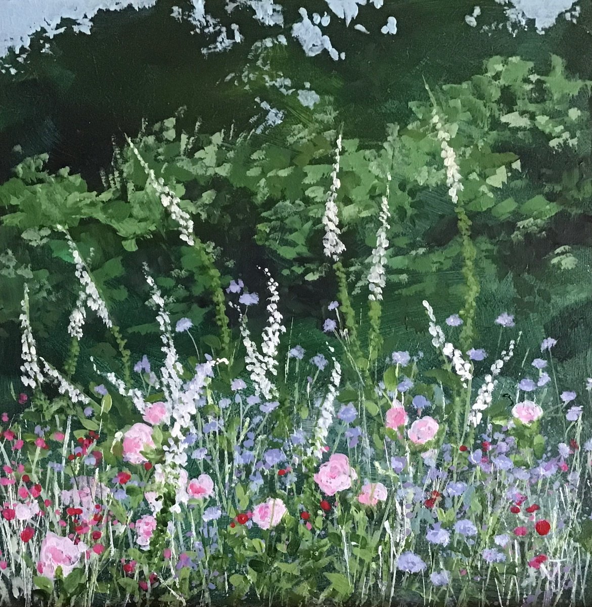 Impressionistic Botanical Acrylic Painting By Valerie Jobes, 10 X 10", Foxgloves And Roses, Original Artwork
