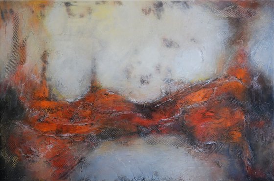 Terra Nova, 40"x60" Textural Red and grey abstract Painting ready to hang