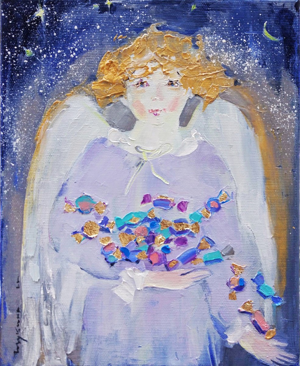 Christmas angel with sweets | Christmas little series | Original oil painting by Helen Shukina