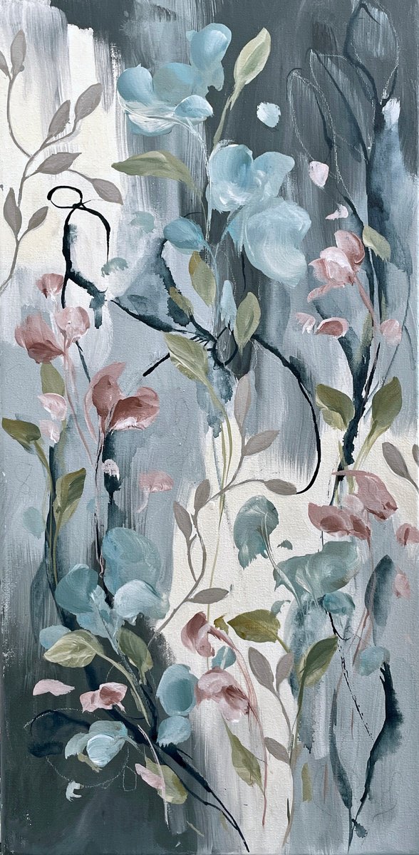 Organic Botanical Acrylic Painting By Nicole Esposito Woodall, 10 X 20", Chantilly Blue V, Original Artwork