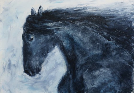 Oil painting black horse