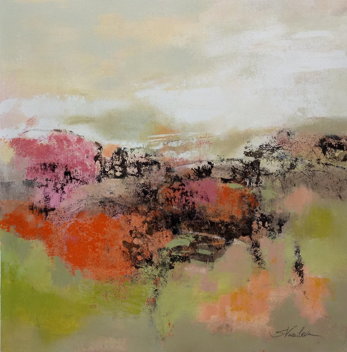 Expressive Abstract Acrylic Painting By Silvia Vassileva, 30 X 30", Midsummer Meadow Path, Original Artwork