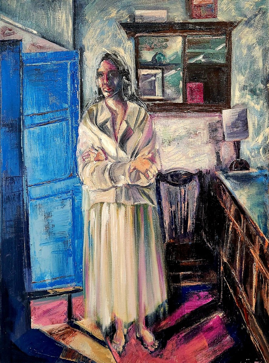 Expressive Portrait Oil Painting By Anahita Amouzegar, 12 X 16, Detachment, Original Artwork