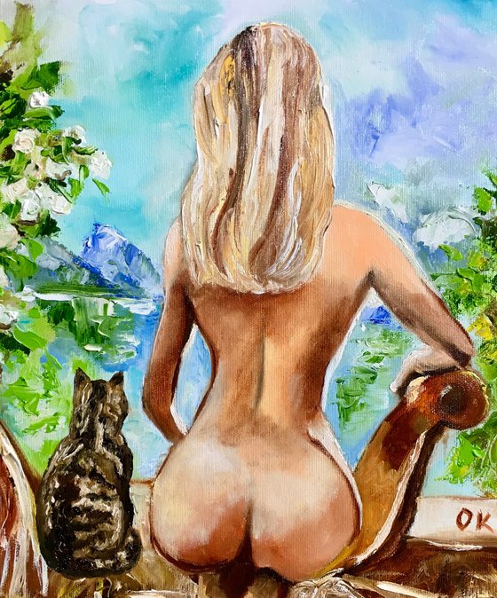 Meeting a new day, Nude and cat  by the window