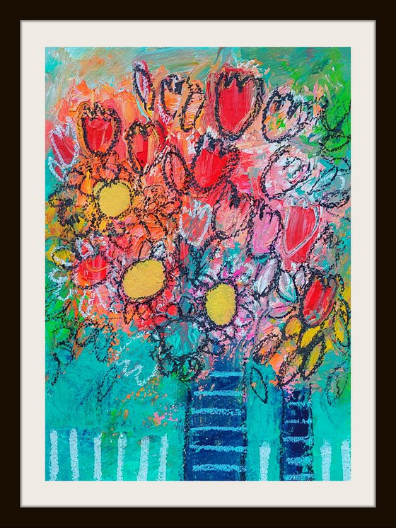 Spring Flowers in a Striped Vase