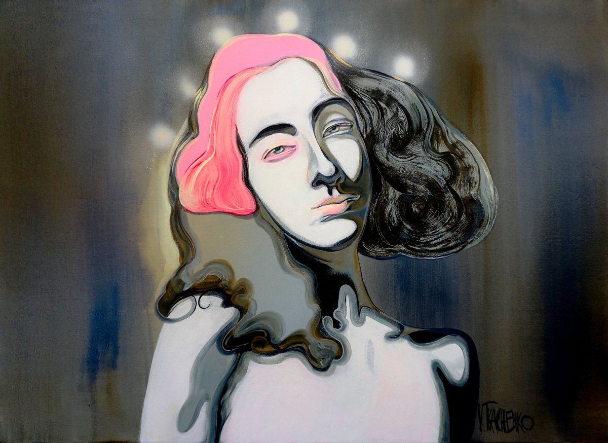 Organic Portrait Acrylic Painting By Victor Tkachenko, 29 X 21", Girl With Ideas, Original Artwork