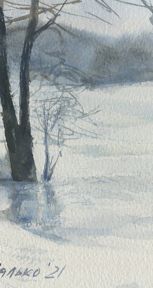 Snow and water. Winter surprise. Watercolor sketch 1 / Original landscape painting by Olha Malko