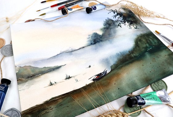 Foggy Lake - Watercolor Landscape - Nature Art