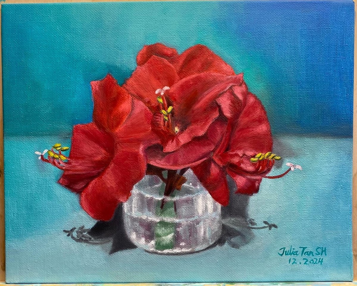 Impressionistic Still Life Oil Painting By Julia Tan Sh, 10 X 8", Red-Pearl Amaryllis, Original Artwork