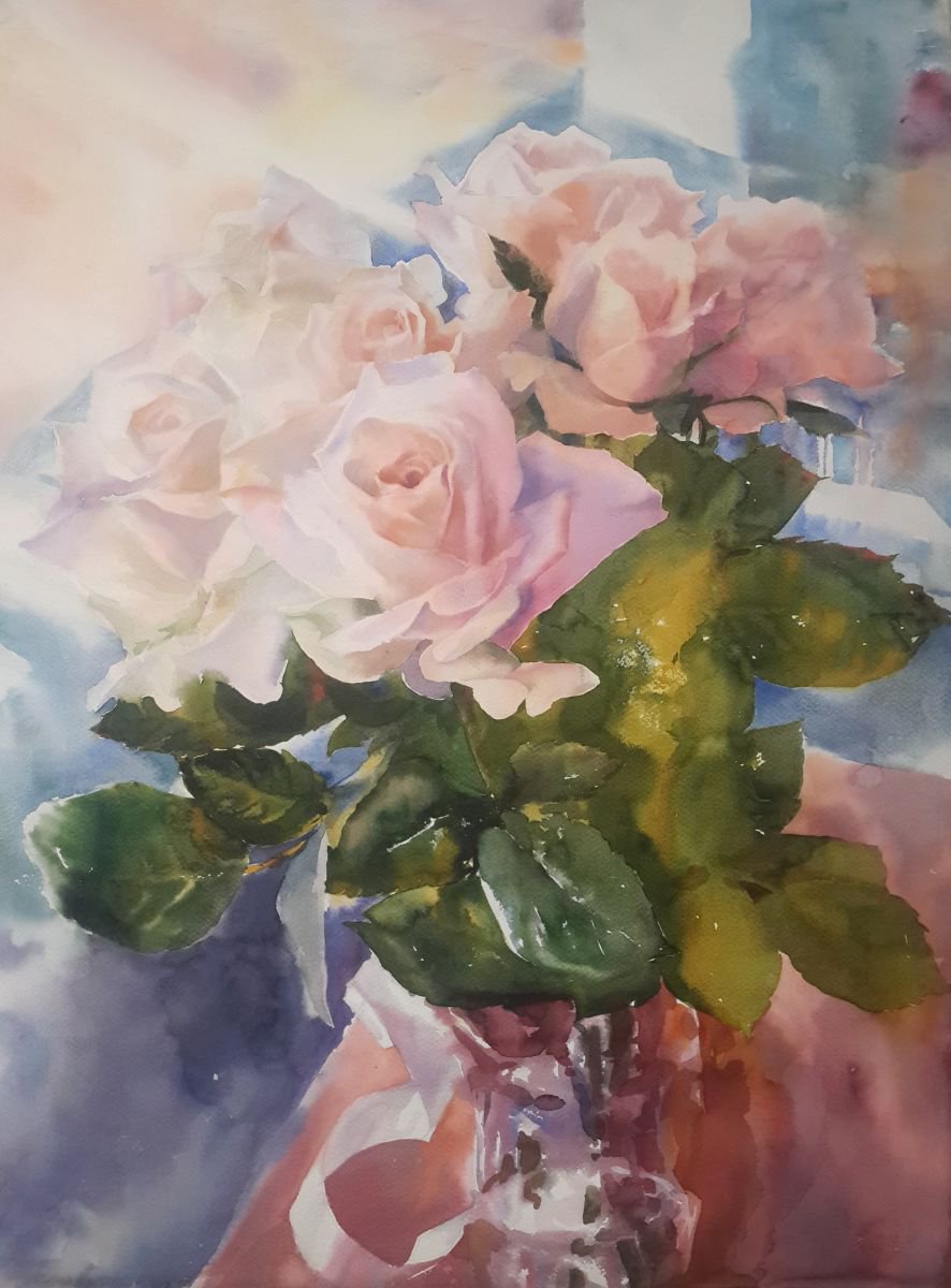 Impressionistic Botanical Watercolour By Yurii Pashkov, 22 X 30", Bouquet Of Roses, Original Artwork