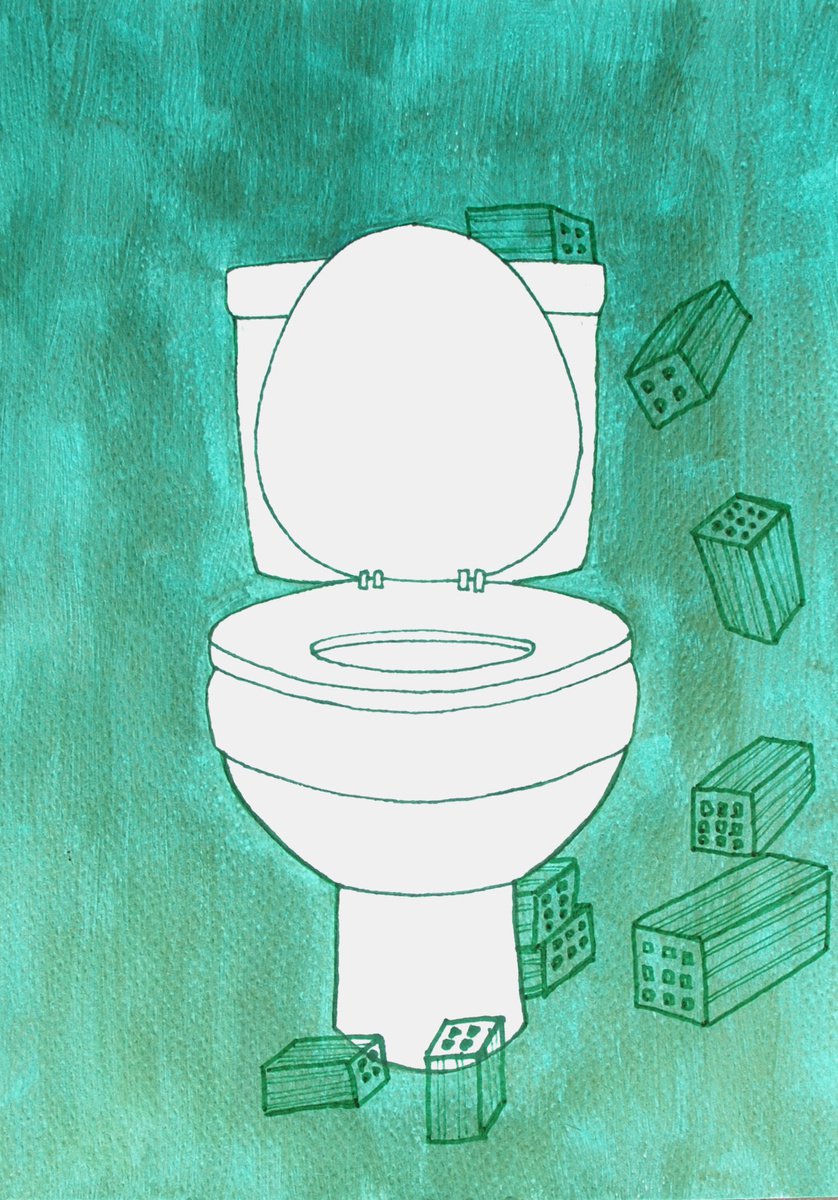 Surrealistic Cityscapes Painting By Andromachi Giannopoulou, 7 X 10, Collapsing Toilet Dream, Original Artwork