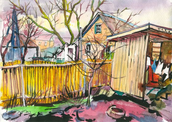 Early spring, a view from window (ink)