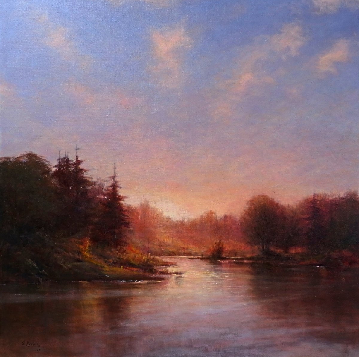 Impressionistic Landscape Acrylic Painting By Gerard Kramer, 39 X 39, Sundown Over The Lake, Original Artwork